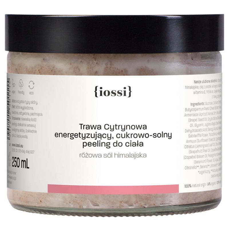 Trawa Cytrynowa. Energetyzujący cukrowy peeling do ciała z różową solą himalajską – naturalny kosmetyk | Sklep Iossi